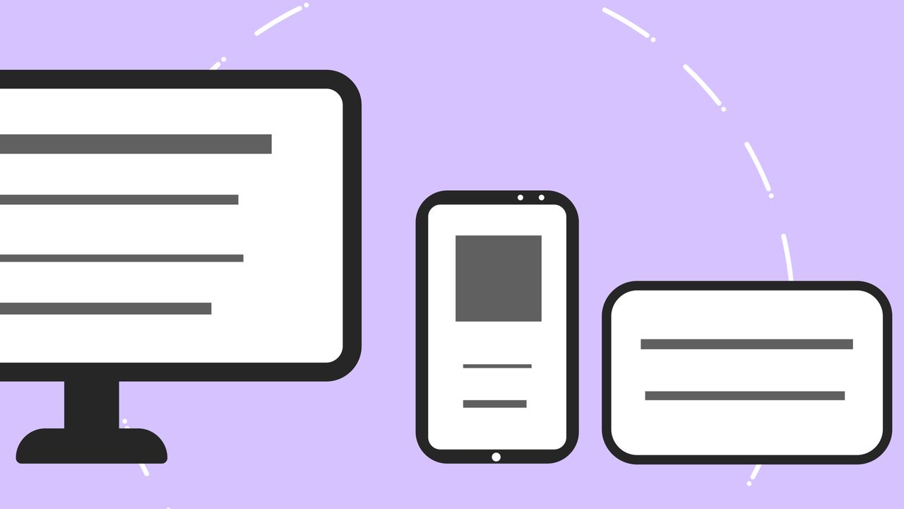 hero-img Vector icons with modern phone near computer monitor and credit card with gray lines on purple background